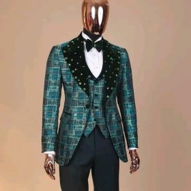The “October 1st” castleton green covered peak lapel jacquard tuxedo suit, Swarovski stone detail mix on soaked velvet, tuxedo trousers.
