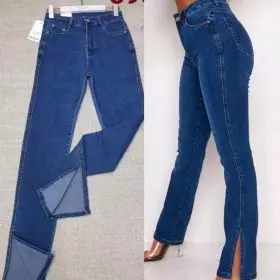Pantalon jean effet bas large avec fente